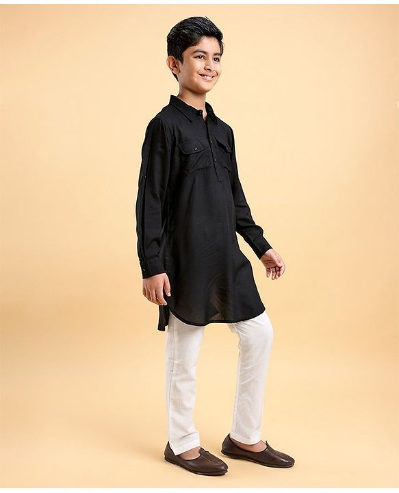 Pine Kids Full Sleeves Pathani Kurta & Pyjama Set Solid Colour - Black & White