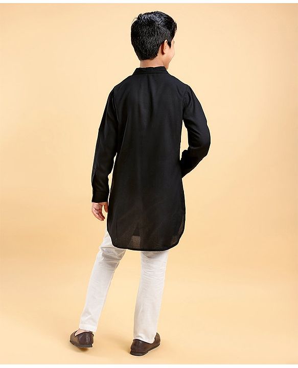 Pine Kids Full Sleeves Pathani Kurta & Pyjama Set Solid Colour - Black & White