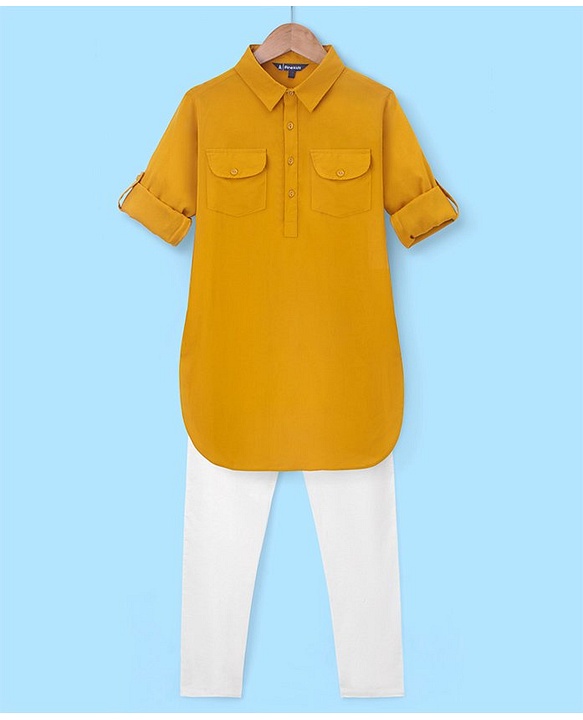 Pine Kids Rayon Woven Full Sleeves Solid Pathani Kurta- Yellow