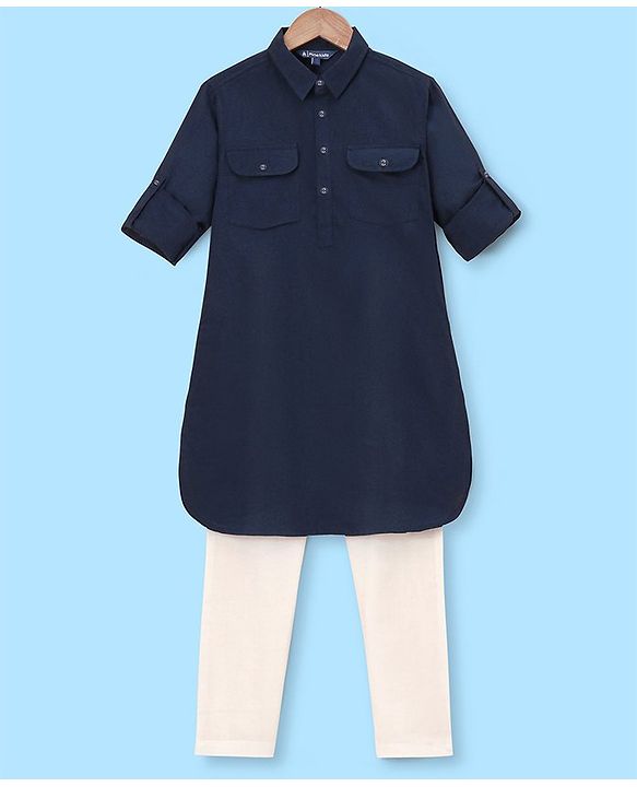Pine Kids Full Sleeves Solid Pathani Kurta & Pyjama Set Solid Colour - Navy  Blue