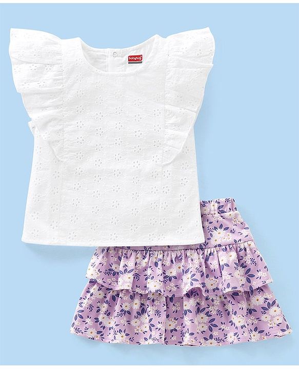 Babyhug 100% Cotton Frill Sleeves Schiffli Top & Skirt with Bow Applique Floral Print - White & Lilac