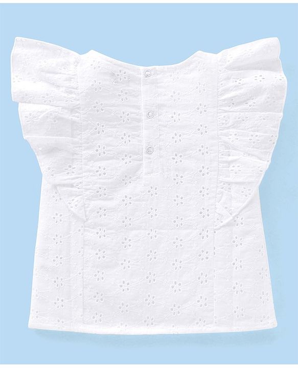 Babyhug 100% Cotton Frill Sleeves Schiffli Top & Skirt with Bow Applique Floral Print - White & Lilac