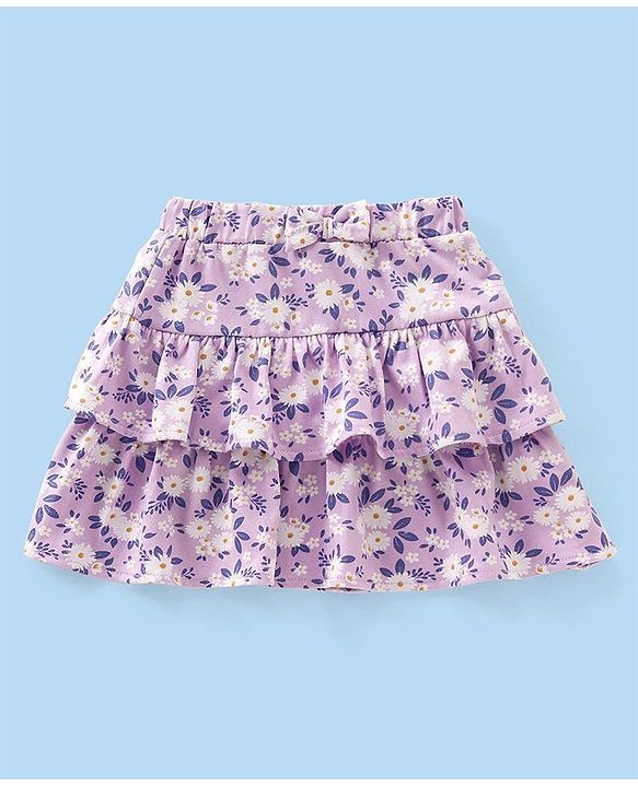 Babyhug 100% Cotton Frill Sleeves Schiffli Top & Skirt with Bow Applique Floral Print - White & Lilac
