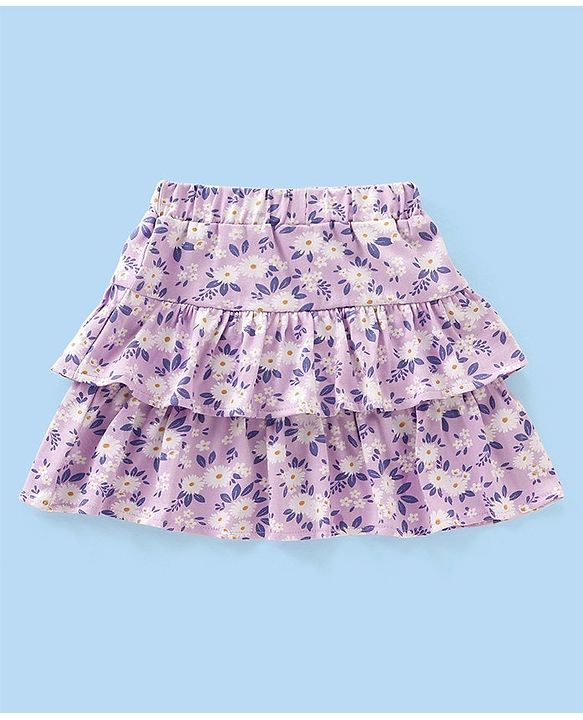 Babyhug 100% Cotton Frill Sleeves Schiffli Top & Skirt with Bow Applique Floral Print - White & Lilac