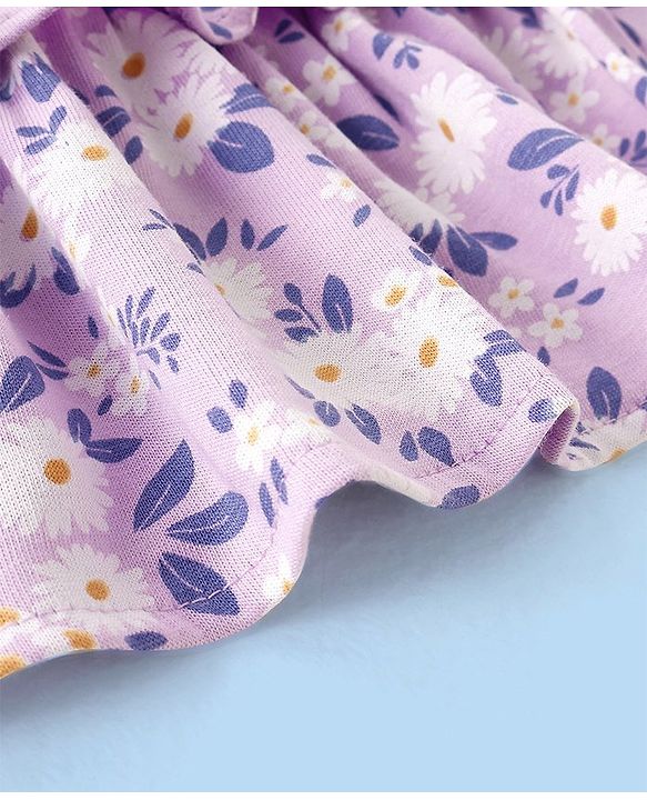 Babyhug 100% Cotton Frill Sleeves Schiffli Top & Skirt with Bow Applique Floral Print - White & Lilac