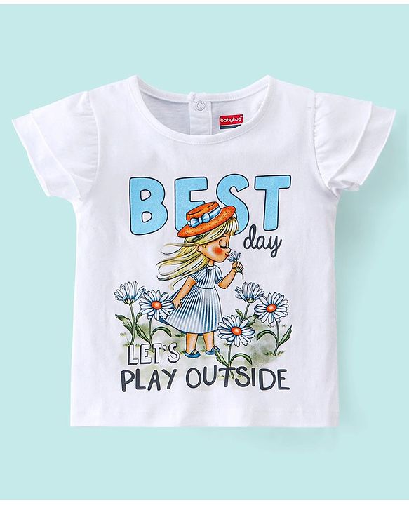Babyhug 100% Cotton Half Sleeves Top and Skirt Text Printed - White & Blue