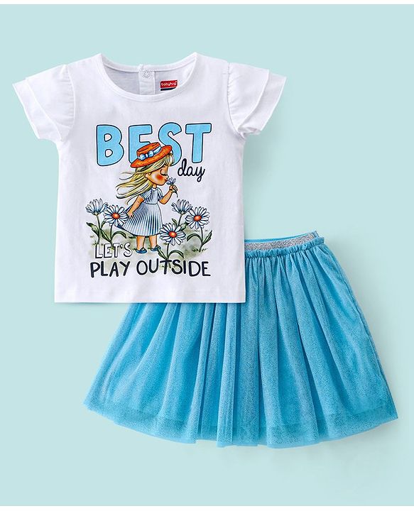 Babyhug 100% Cotton Half Sleeves Top and Skirt Text Printed - White & Blue