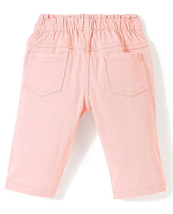 Babyhug Cotton Spandex Woven Mid Calf Capris with Floral Embroidery & Bow Applique - Peach
