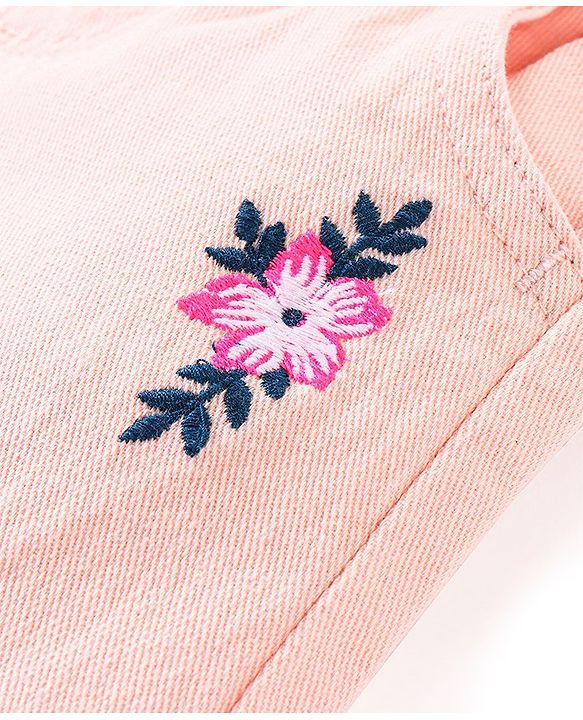 Babyhug Cotton Spandex Woven Mid Calf Capris with Floral Embroidery & Bow Applique - Peach