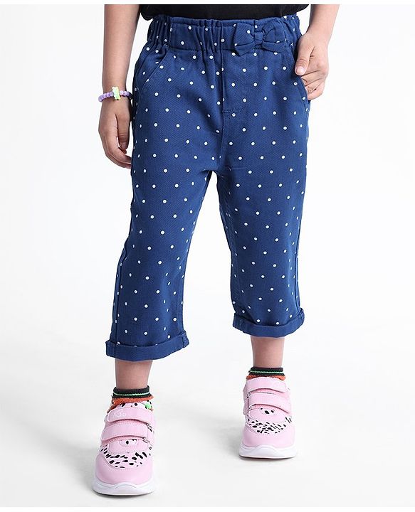 Babyhug Capri Length Cotton Pant With Stretch & Polka Dots Print - Navy Blue