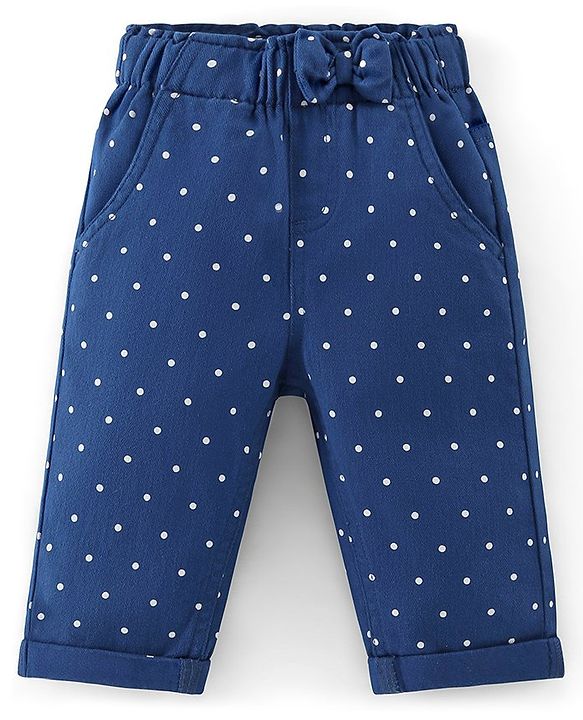 Babyhug Capri Length Cotton Pant With Stretch & Polka Dots Print - Navy Blue