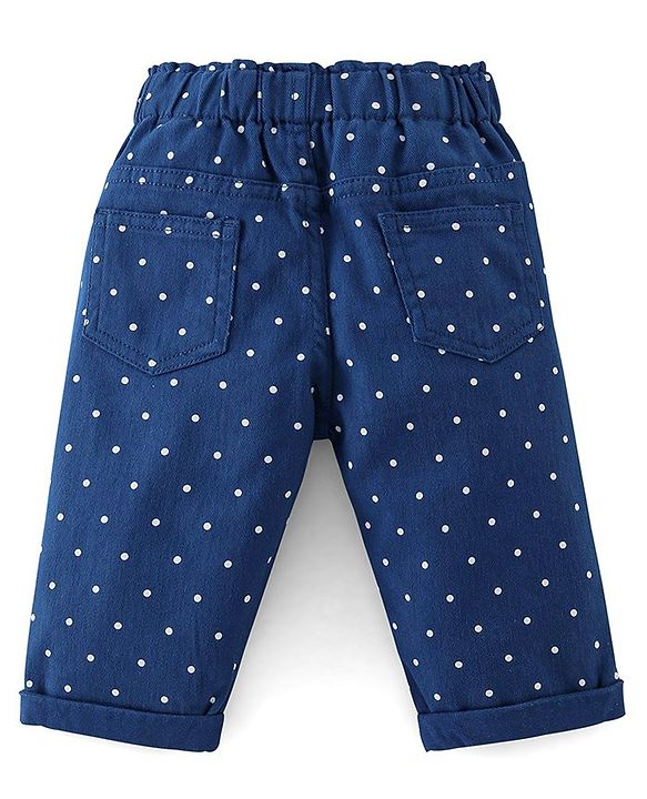 Babyhug Capri Length Cotton Pant With Stretch & Polka Dots Print - Navy Blue