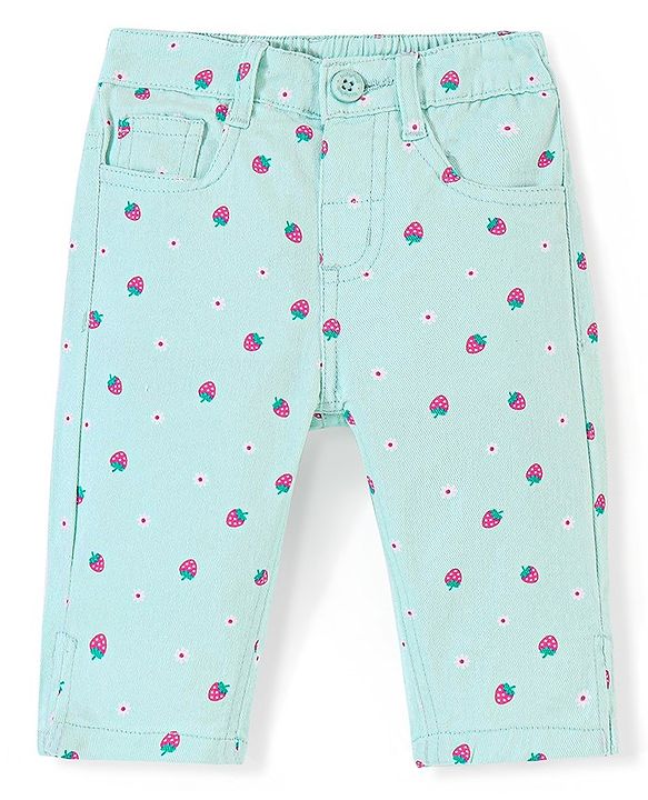 Babyhug Cotton Spandex Woven Stretchable Capris with Strawberry Print - Mint