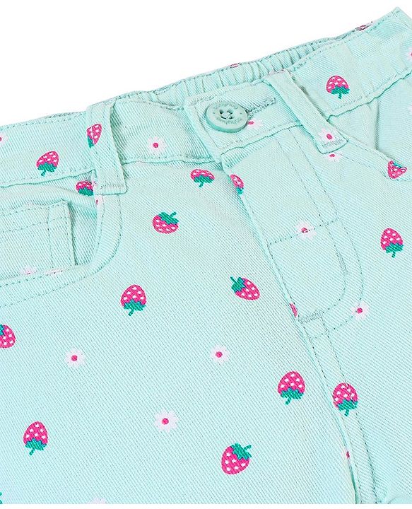 Babyhug Cotton Spandex Woven Stretchable Capris with Strawberry Print - Mint