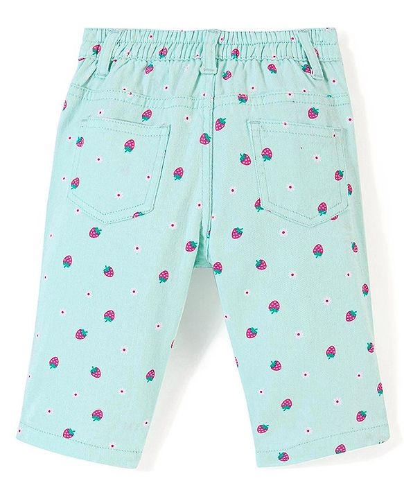 Babyhug Cotton Spandex Woven Stretchable Capris with Strawberry Print - Mint