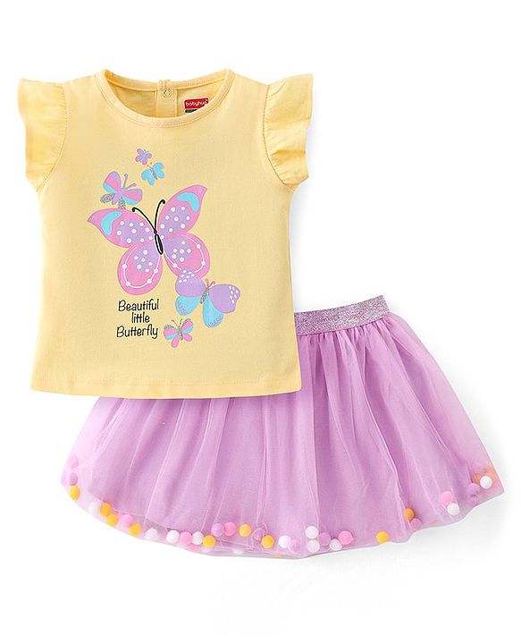 Babyhug 100% Cotton Half Sleeves Top and Skirt Butterfly Printed - Yellow & Lilac