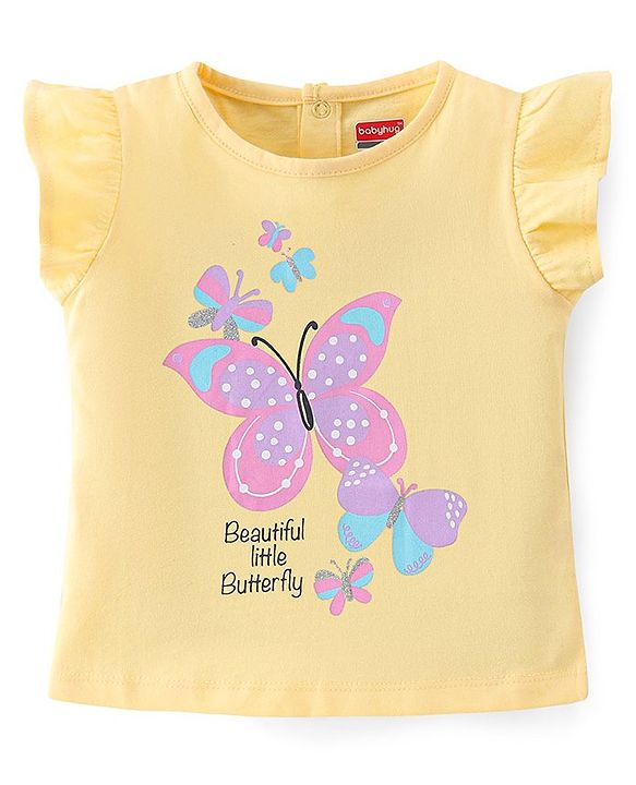 Babyhug 100% Cotton Half Sleeves Top and Skirt Butterfly Printed - Yellow & Lilac