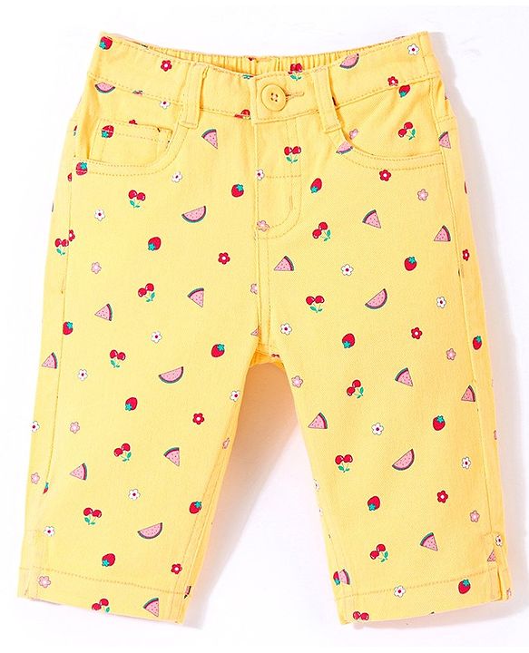 Babyhug Twill Woven Stretchable Capri With Fruits Print - Yellow