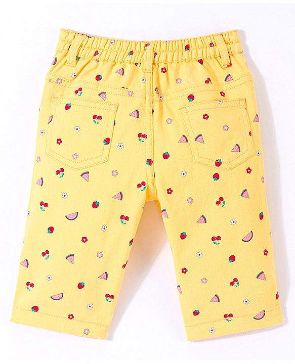 Babyhug Twill Woven Stretchable Capri With Fruits Print - Yellow