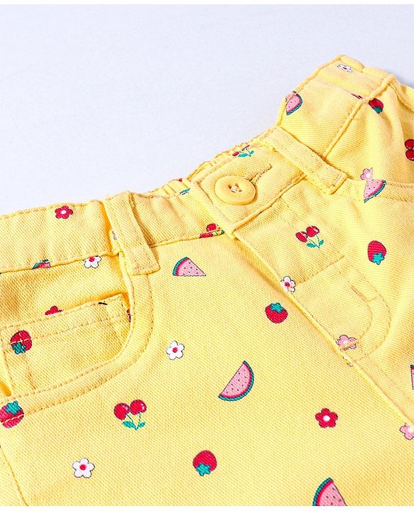 Babyhug Twill Woven Stretchable Capri With Fruits Print - Yellow