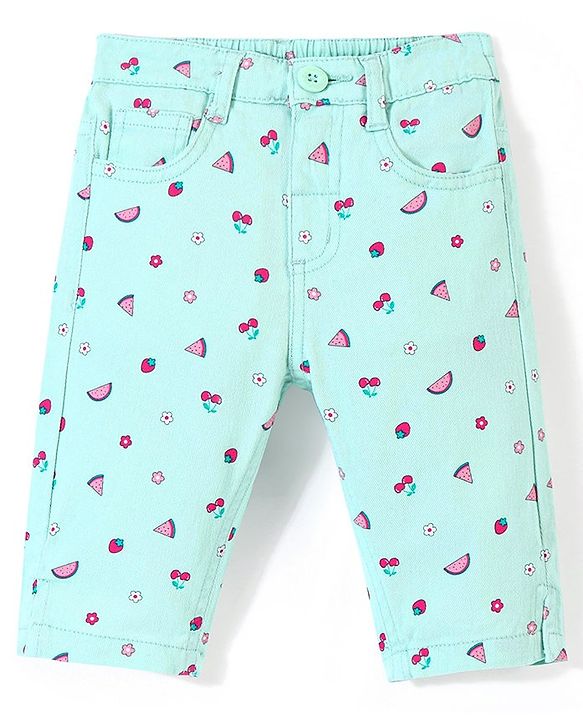 Babyhug Twill Woven Stretchable Capri With Fruits Print - Mint
