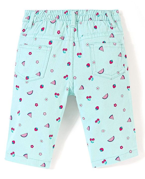 Babyhug Twill Woven Stretchable Capri With Fruits Print - Mint
