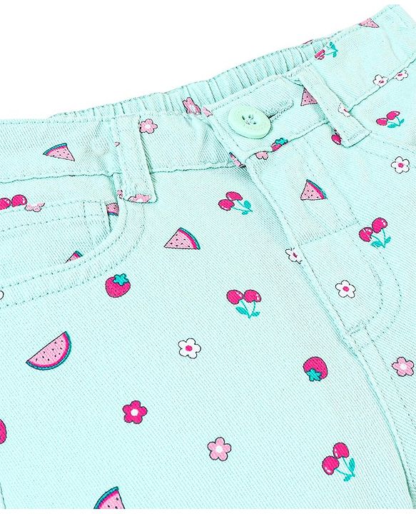 Babyhug Twill Woven Stretchable Capri With Fruits Print - Mint