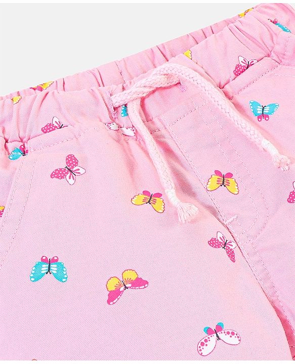 Babyhug Cotton Denim Full Length Stretchable Trouser Butterfly Print - Pink