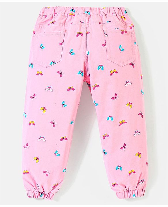 Babyhug Cotton Denim Full Length Stretchable Trouser Butterfly Print - Pink