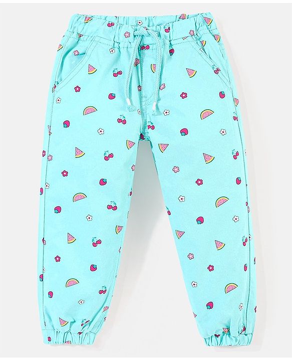 Babyhug Cotton Woven Full Length Stretchable Trouser Strawberry Print - Mint Blue