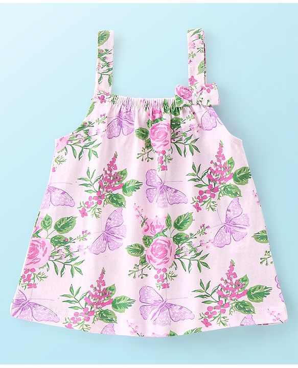 Babyhug 100% Cotton Knit Singlet Sleeves Top & Skirt Set Floral Print - Pink