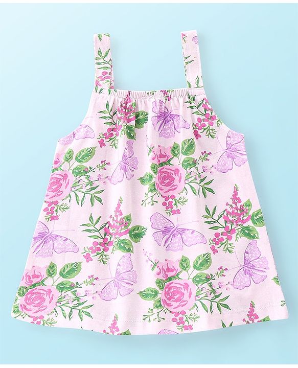 Babyhug 100% Cotton Knit Singlet Sleeves Top & Skirt Set Floral Print - Pink