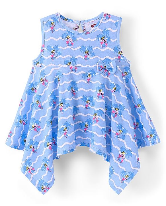 Babyhug 100% Cotton Sleeveless Knit Top With Bow Detailing Flamingo Print- Blue