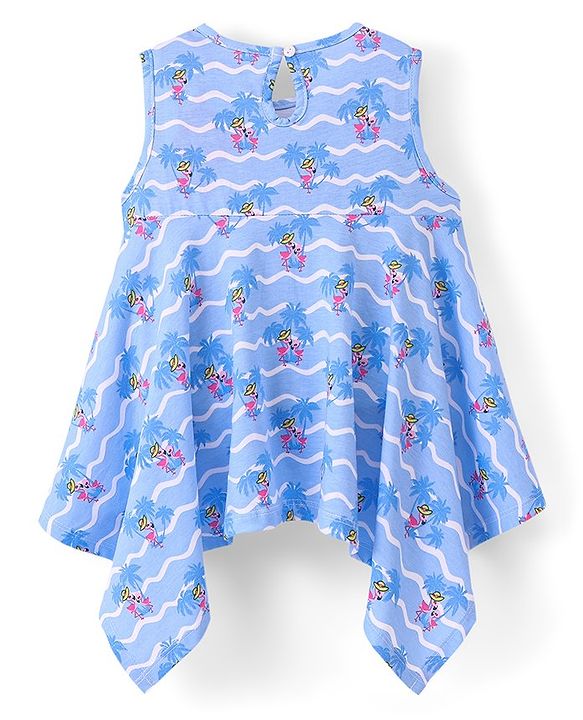 Babyhug 100% Cotton Sleeveless Knit Top With Bow Detailing Flamingo Print- Blue