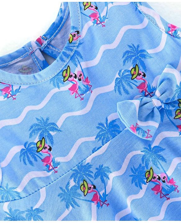 Babyhug 100% Cotton Sleeveless Knit Top With Bow Detailing Flamingo Print- Blue