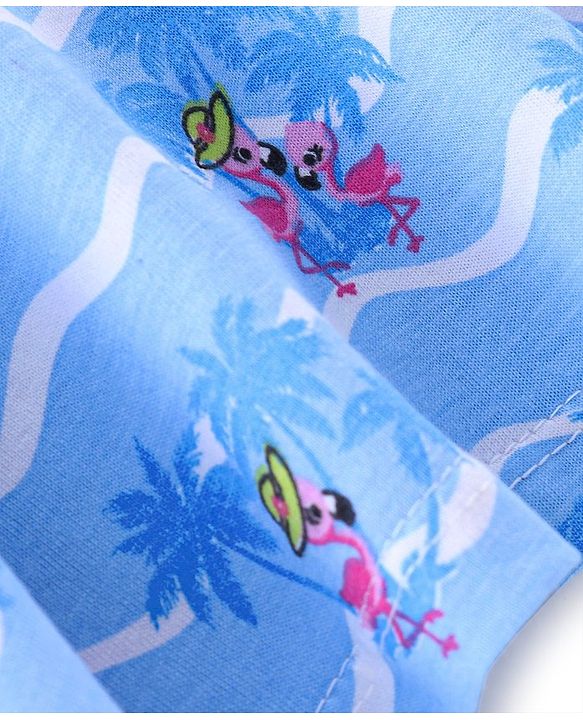 Babyhug 100% Cotton Sleeveless Knit Top With Bow Detailing Flamingo Print- Blue
