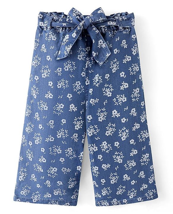 Babyhug Cotton Ankle Length Denim Culottes with Fabric Belt Floral Print - Blue