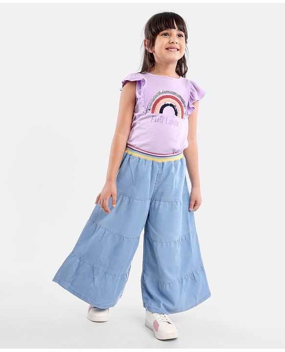 Babyhug Cotton Capri Length Washed Denim Culottes with Cut & Sew Design - Blue
