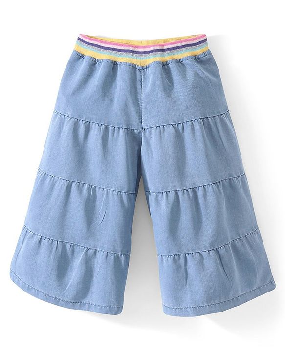 Babyhug Cotton Capri Length Washed Denim Culottes with Cut & Sew Design - Blue