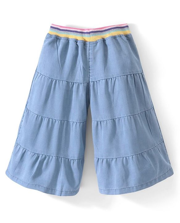 Babyhug Cotton Capri Length Washed Denim Culottes with Cut & Sew Design - Blue