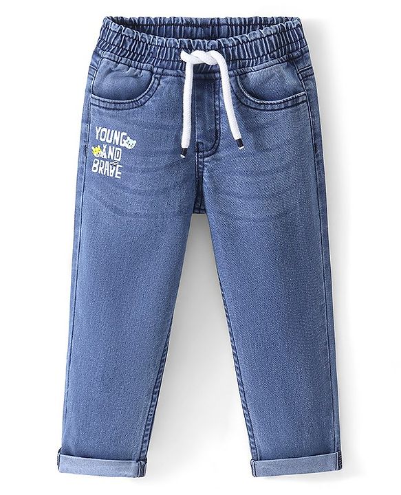 Babyhug Cotton Denim Full Length Stretchable Joggers Text Print- Blue