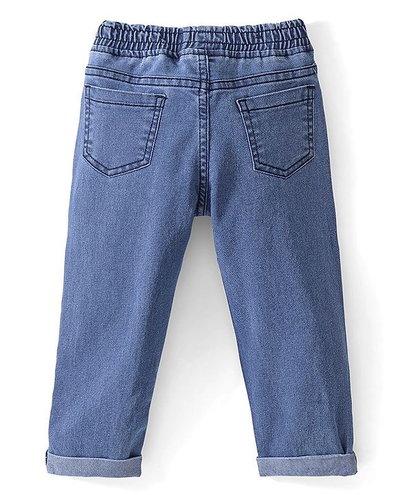 Babyhug Cotton Denim Full Length Stretchable Joggers Text Print- Blue