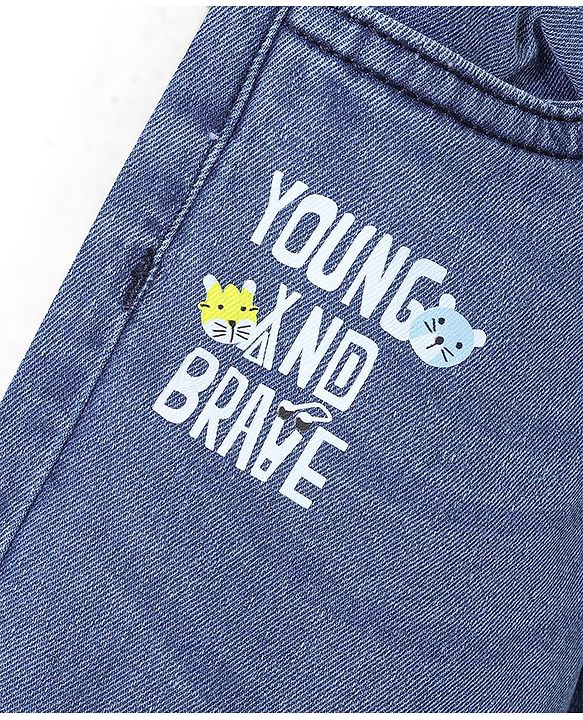 Babyhug Cotton Denim Full Length Stretchable Joggers Text Print- Blue