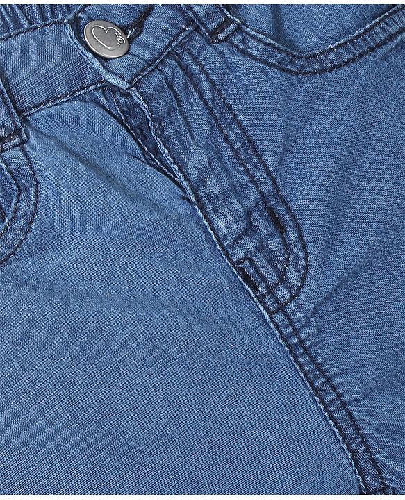 Babyhug Washed Denim Shorts Mid Thigh Floral Embroidered - Blue