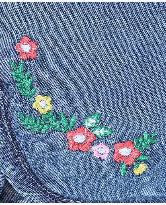 Babyhug Washed Denim Shorts Mid Thigh Floral Embroidered - Blue