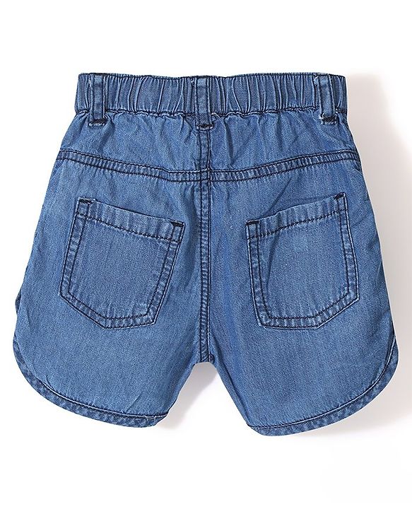Babyhug Washed Denim Shorts Mid Thigh Floral Embroidered - Blue