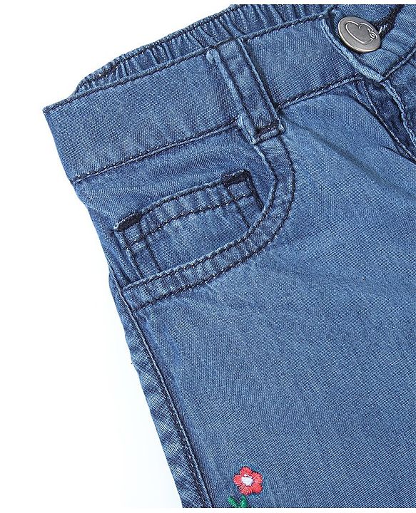 Babyhug Washed Denim Shorts Mid Thigh Floral Embroidered - Blue