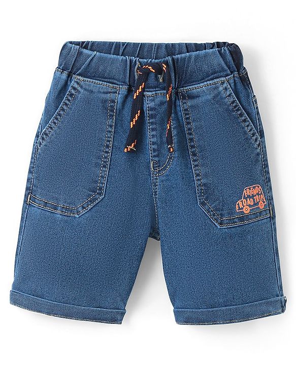 Babyhug Cotton Spandex Above Knee Length Bermuda  With Stretch Car Embroidered - Blue
