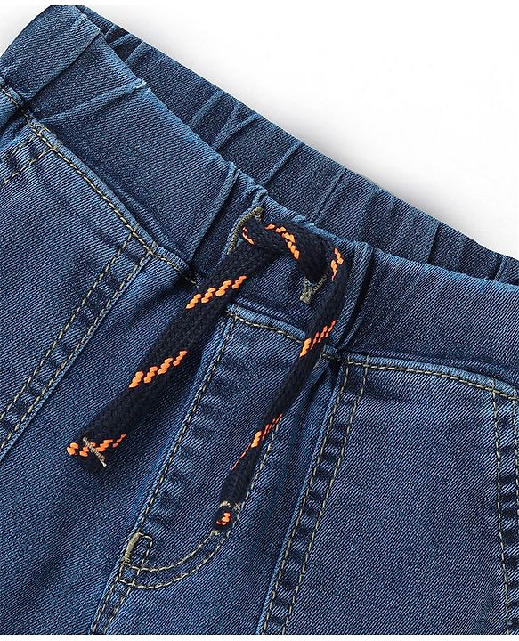 Babyhug Cotton Spandex Above Knee Length Bermuda  With Stretch Car Embroidered - Blue