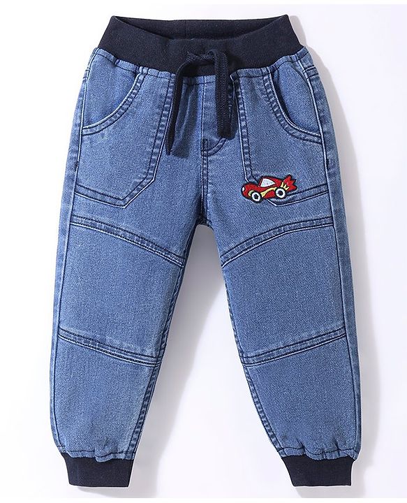 Babyhug Cotton Spandex Full Length Stretchable Washed Denim Joggers with Draw Cord - Blue